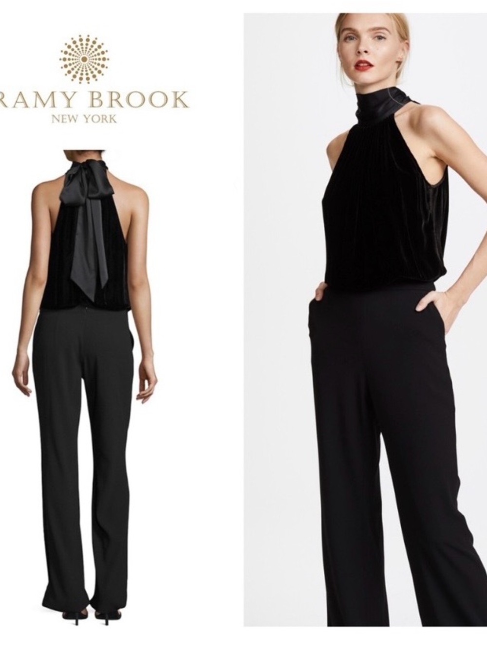 Ramy Brook Black Velvet High-Neck Wide-Leg Jumpsuit